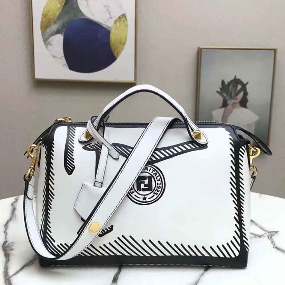 Fendi by the way Medium White Leather Printed Boston Bag for Women Fendi by the way Medium White Leather Printed Boston Bag for Women