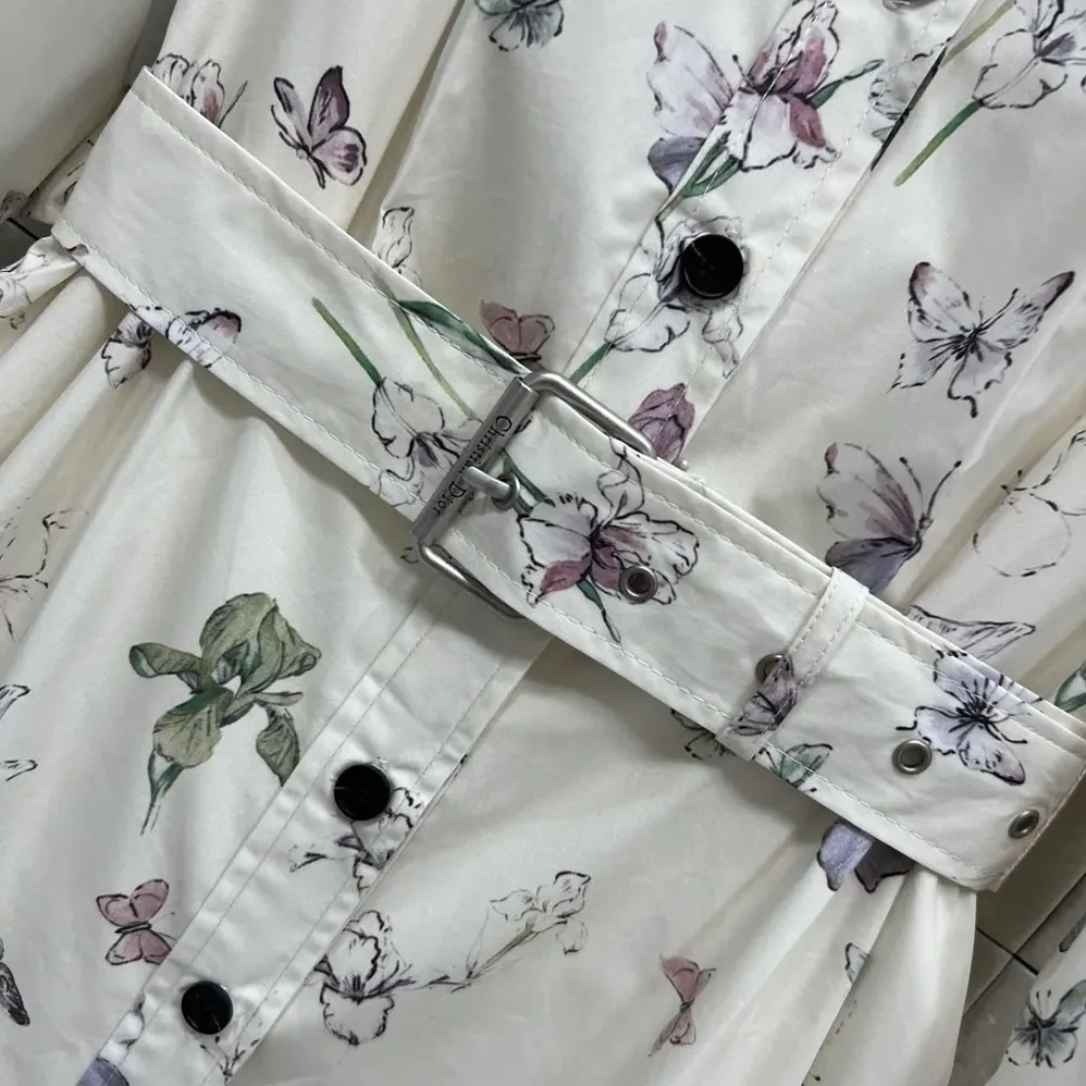 Dior Mid-Length Belted Shirtdress Beige Silk Twill with Multicolor Butterflies & Iris Motif for Women
