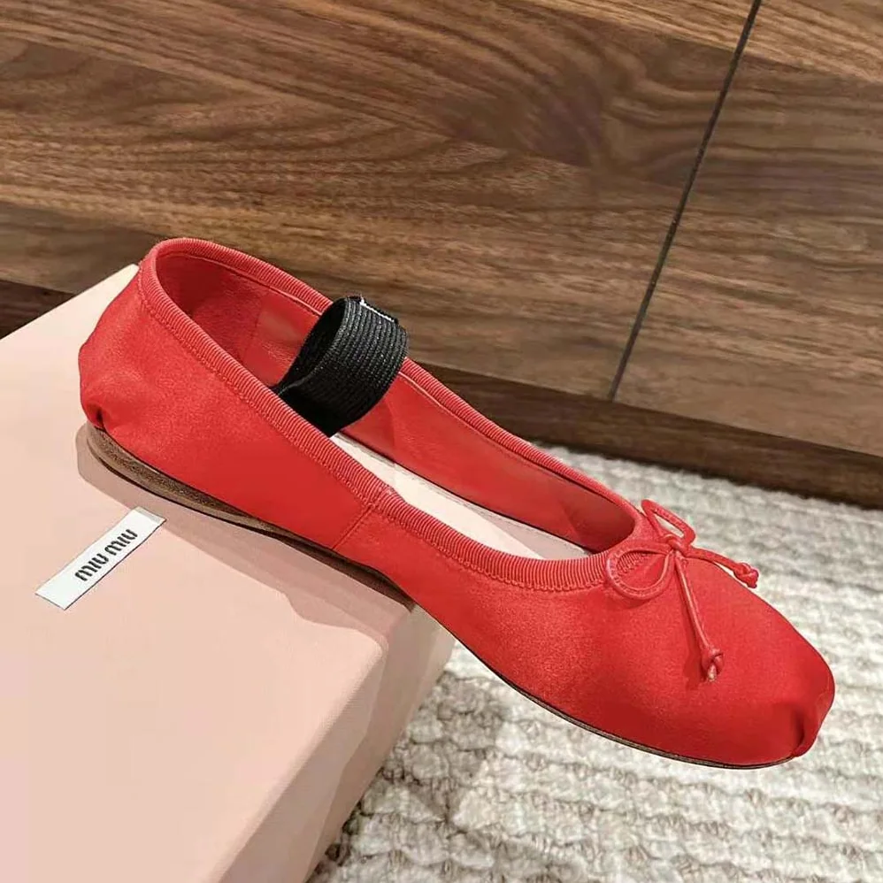 Miu Miu Satin Ballerinas with Knit Logo Label for Women in Red