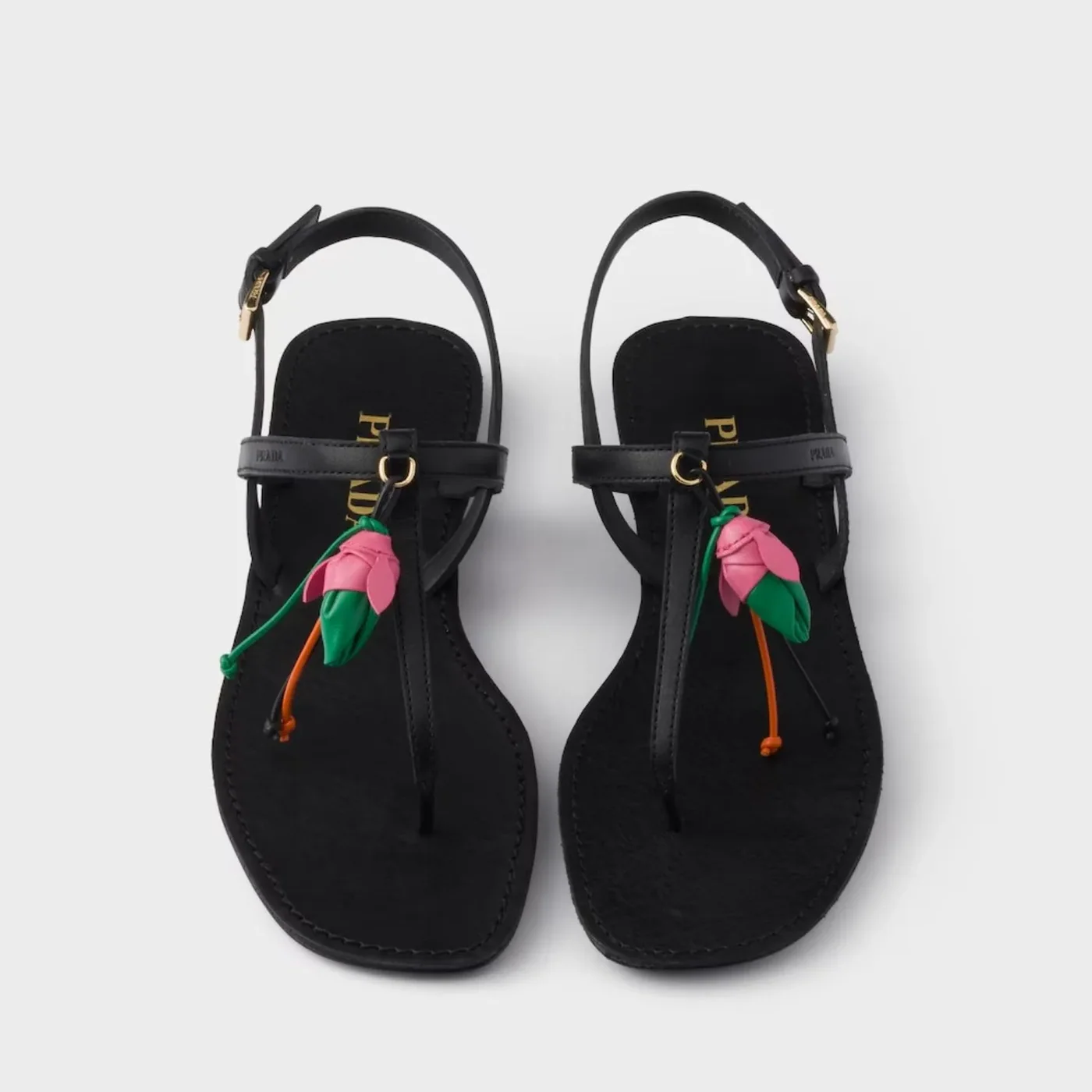 Prada Antiqued Thong Floral Ornament Sandals Black 1Y510O_V69_F0002_F_005 Prada Antiqued Thong Floral Ornament Sandals Black 1Y510O_V69_F0002_F_005