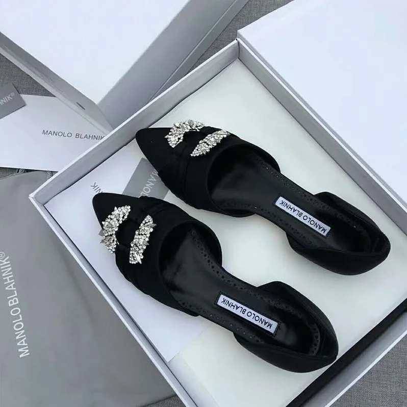 Manolo Blahnik Shoes Luanda Satin Crystal Embsllished D'Orsay Flats 10mm Heel for Women in Black Manolo Blahnik Shoes Luanda Satin Crystal Embsllished D'Orsay Flats 10mm Heel for Women in Black