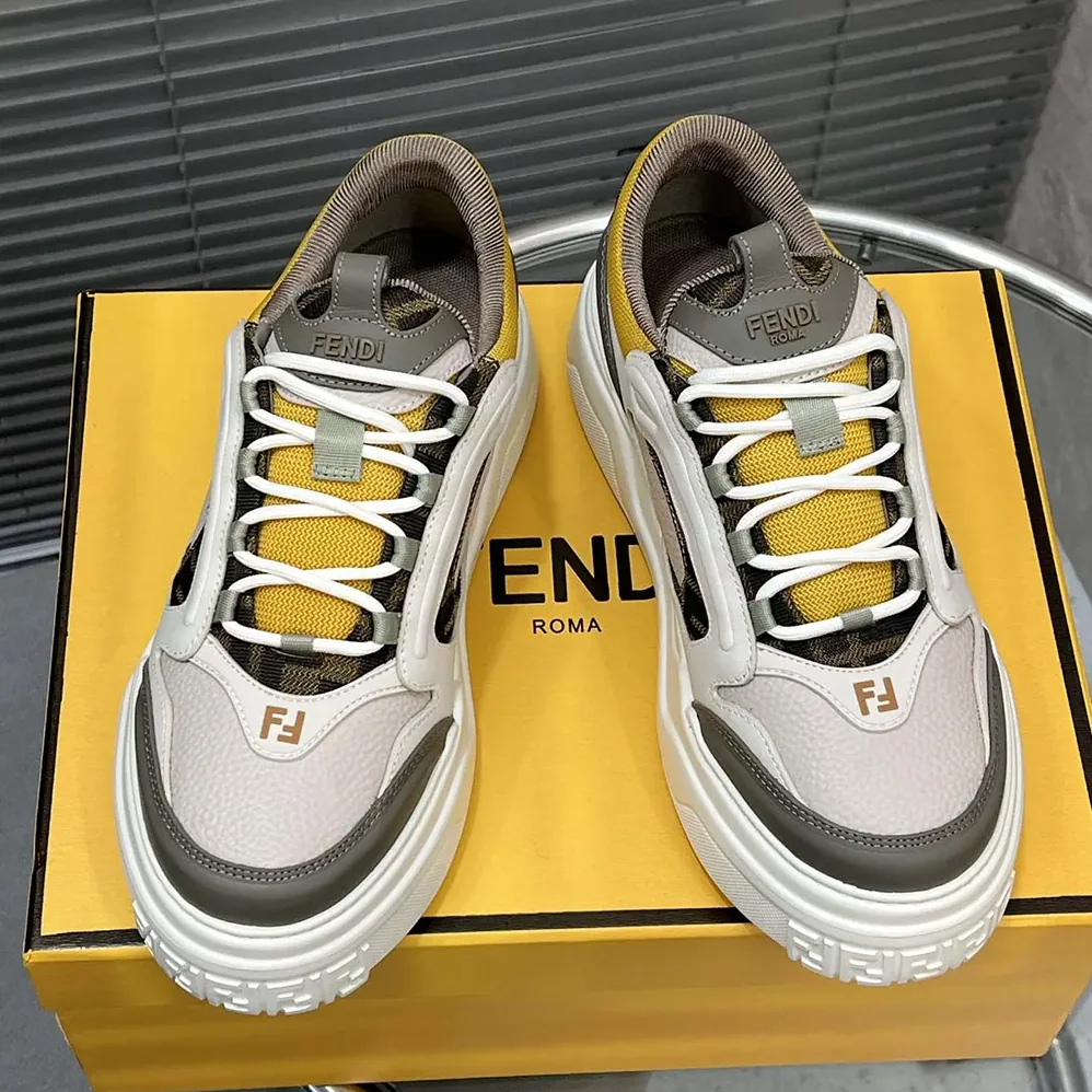 Fendi Fendi Force Sneakers White Brown and Yellow Leather Low for Unisex in tops
