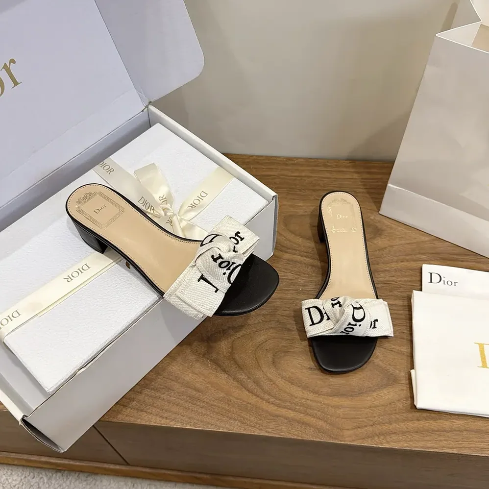 Dior J'Adior Heeled Slide Black Embroidered Cotton for Women Dior J'Adior Heeled Slide Black Embroidered Cotton for Women