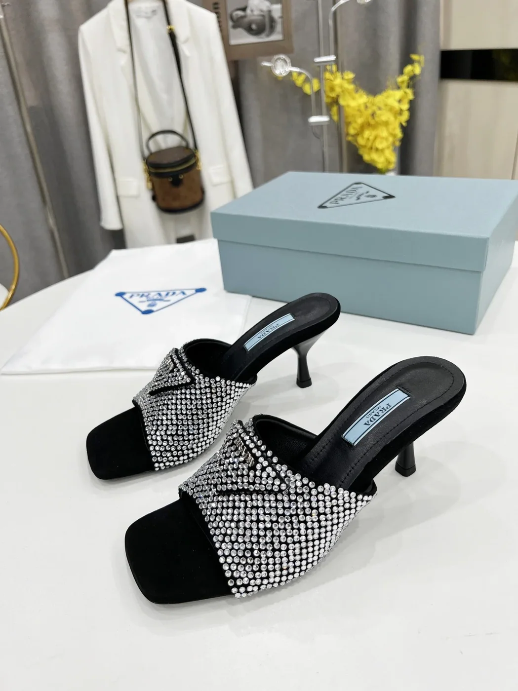 Prada Satin Heeled Sandals With Crystals Silver /