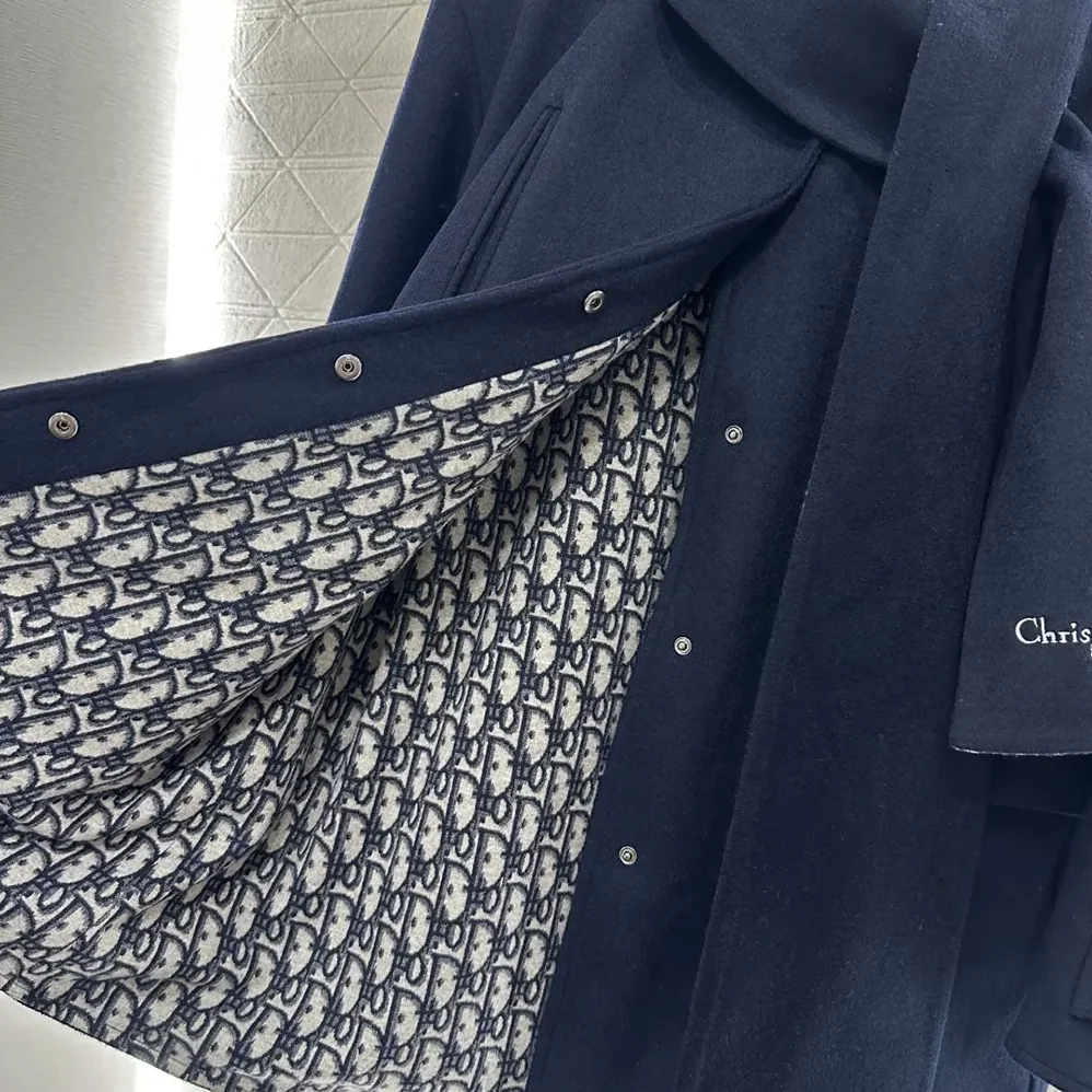 Dior Coat with Scarf Collar Navy Blue Double-Sided Virgin Wool and Silk for Women
