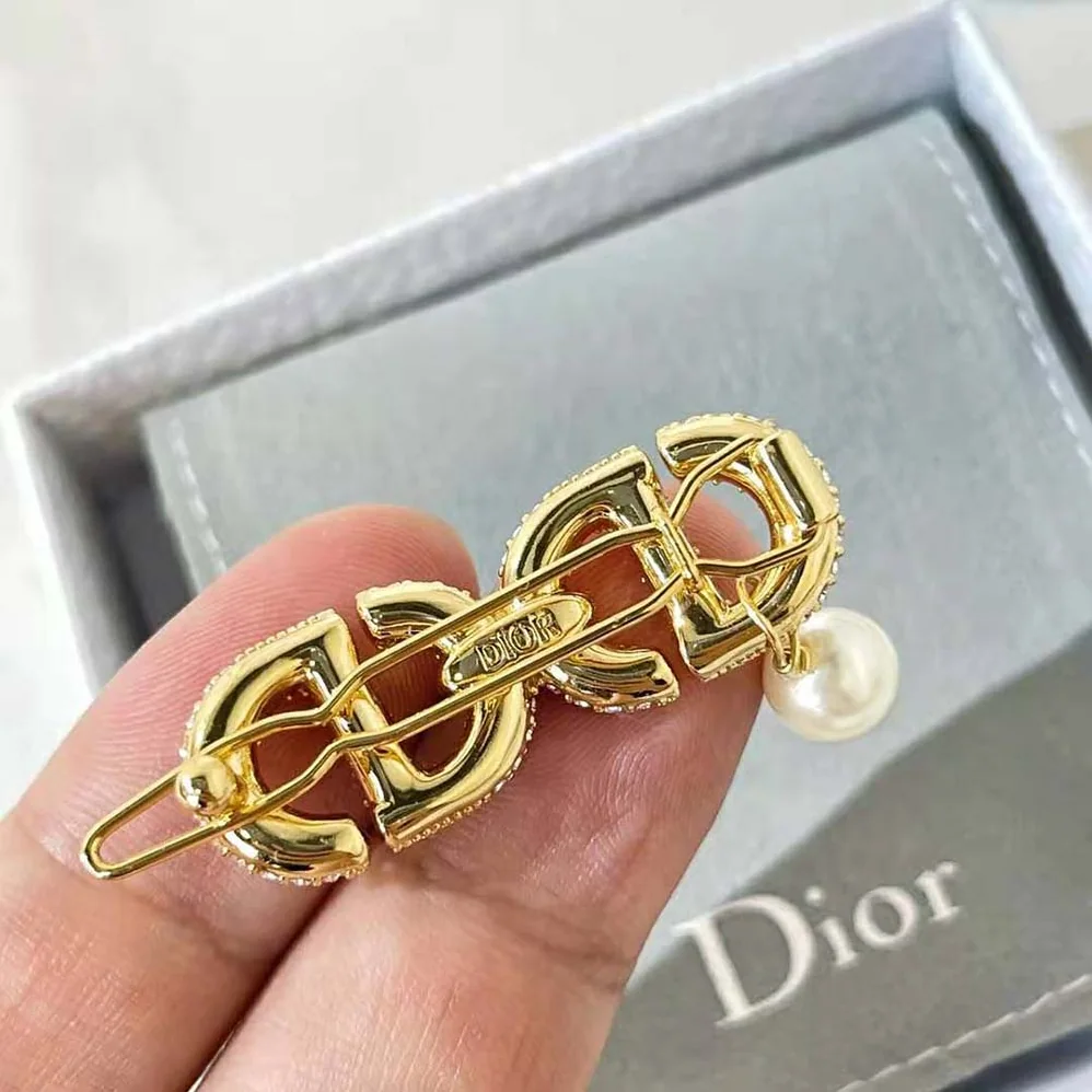 Dior CD Navy Barrette Gold-Finish Metal and White Crystals for Women