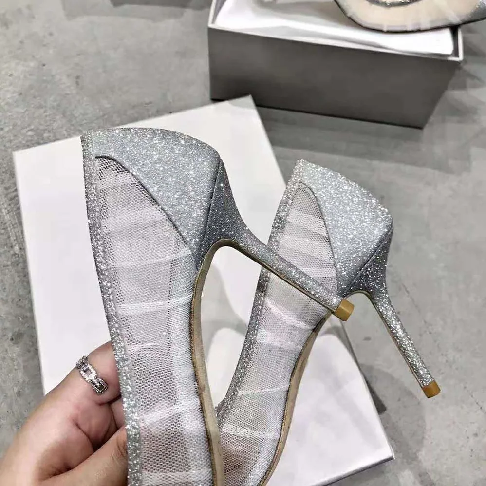 Jimmy Choo Love 100 Metallic Silver Glitter Fabric Pumps with Ivory Tulle Overlay for Women Jimmy Choo Love 100 Metallic Silver Glitter Fabric Pumps with Ivory Tulle Overlay for Women