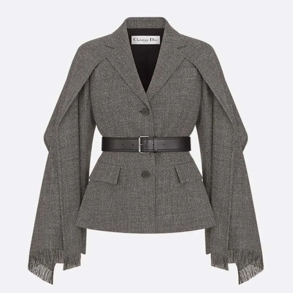 Dior Belted Jacket with Removable Scarf Gray Virgin Wool Tweed for Women