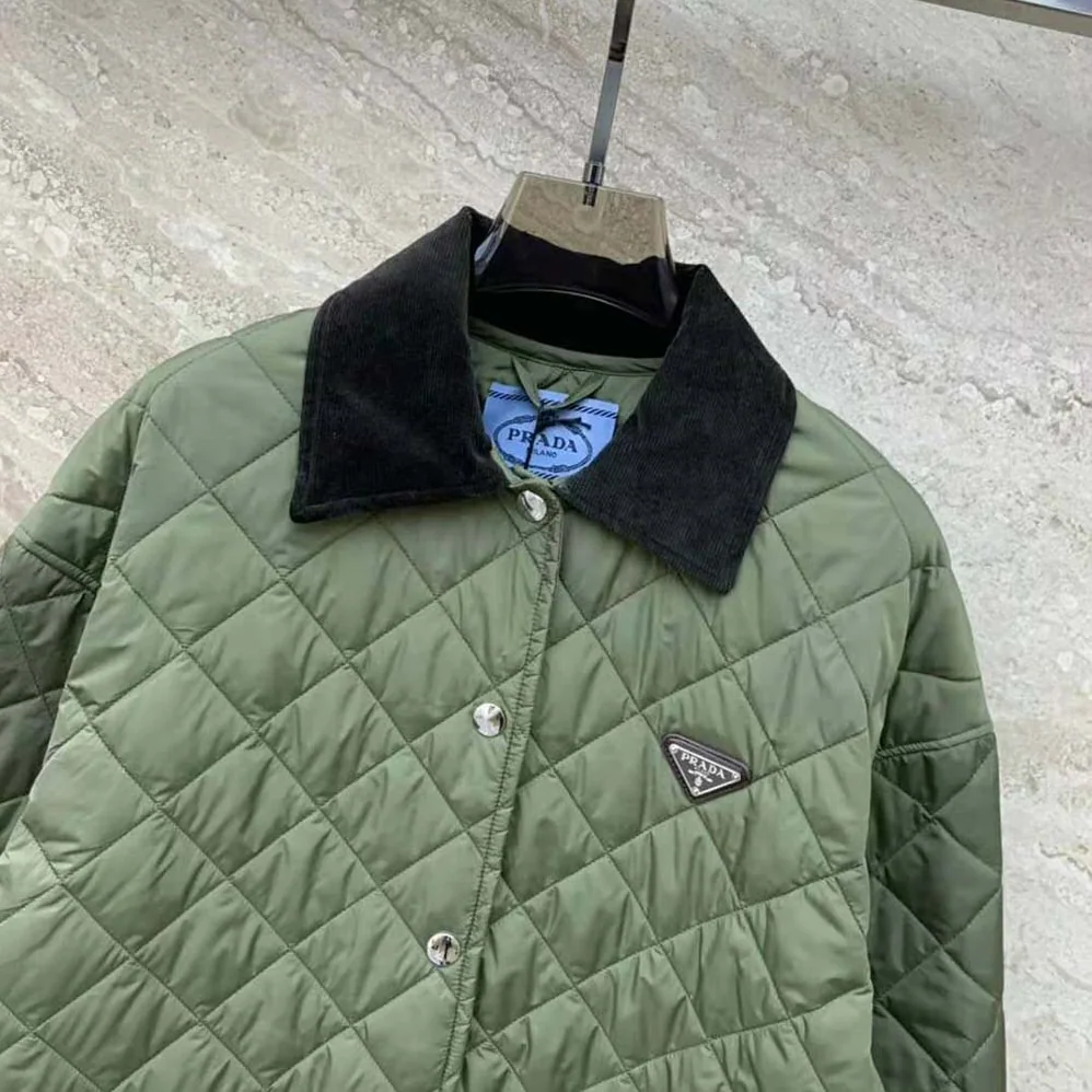Prada Light Re-Nylon Jacket with Enameled Metal Triangle Logo for Women in Dark Green