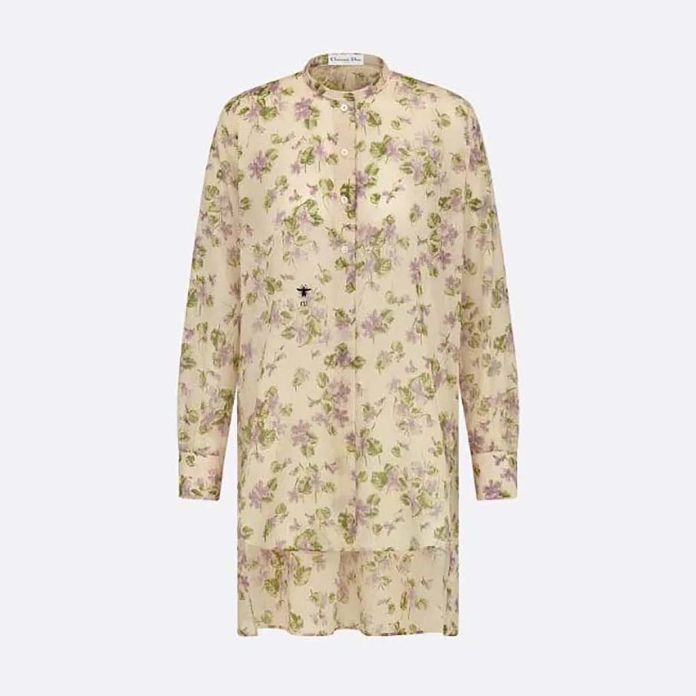 Dior Long Blouse Multicolor Cotton Voile with Violets Motif for Women Dior Long Blouse Multicolor Cotton Voile with Violets Motif for Women