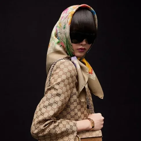 Gucci Printed GG Silk Twill Carre Scarf Brown in Multicolor Gucci Printed GG Silk Twill Carre Scarf Brown in Multicolor
