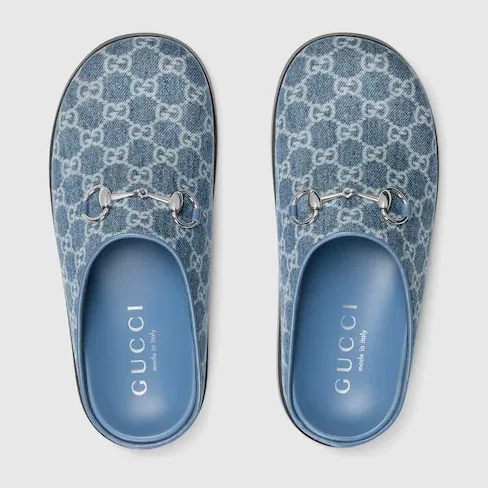Gucci Horsebit Mules Blue Denim Light Gold Hardware ? FAFGT 4746