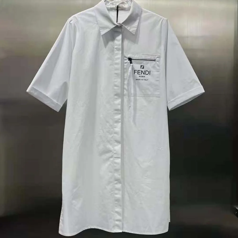 Fendi White Cotton Dress with Pointed Collar and Wide Elbow for Women in Length Sleeves
