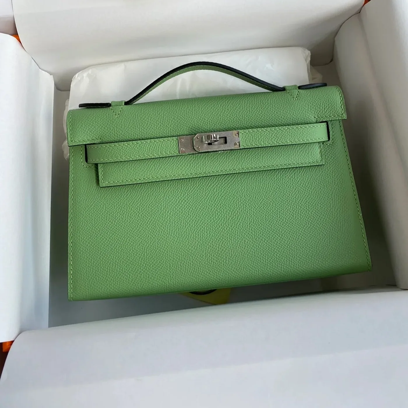 Hermes Kelly Pochette Top Handle Bag in Green Epsom Palladium Hardware
