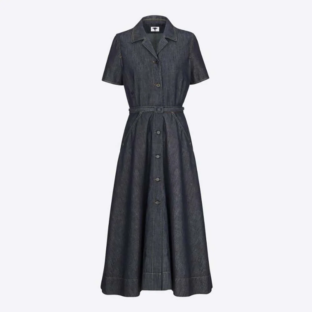 Dior Mid-Length Short-Sleeved Dress Deep Blue Cotton Denim for Women Dior Mid-Length Short-Sleeved Dress Deep Blue Cotton Denim for Women