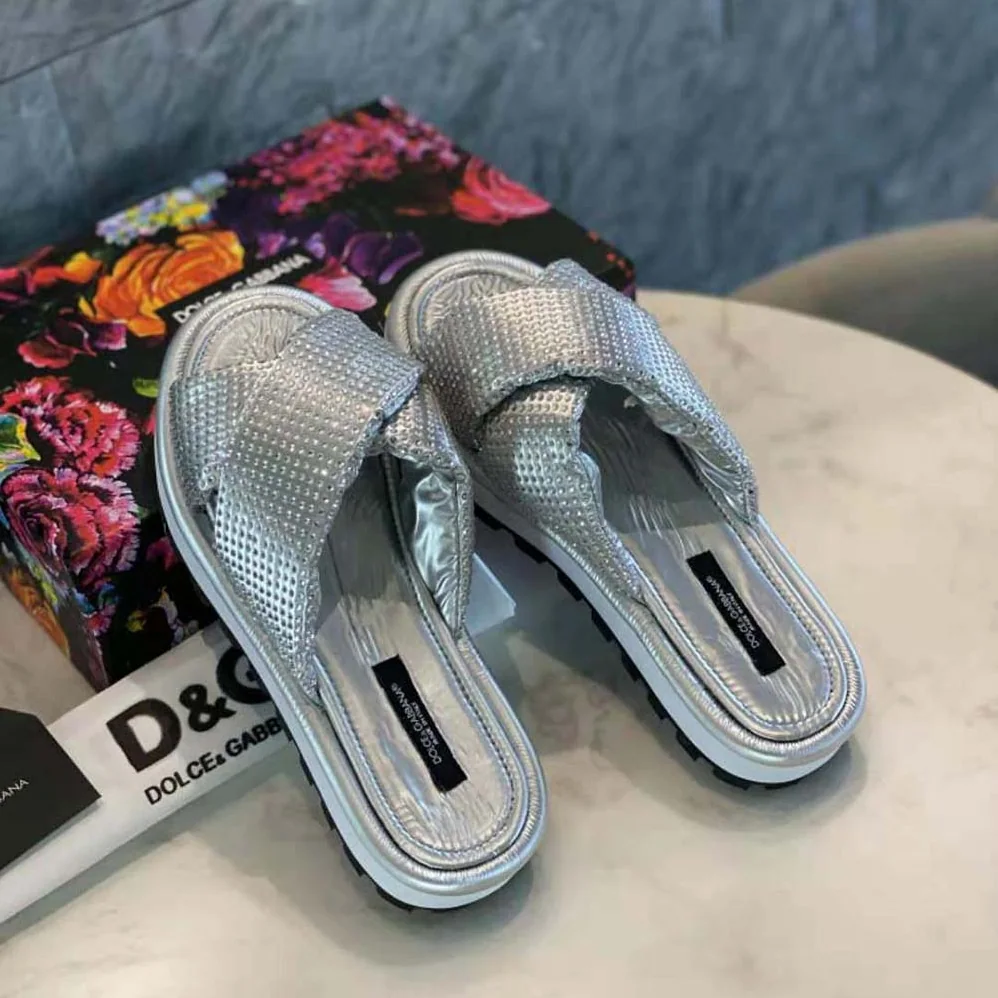 Dolce Gabbana D&G Padded Nylon Sliders with Fusible Rhinestones for Women Dolce Gabbana D&G Padded Nylon Sliders with Fusible Rhinestones for Women