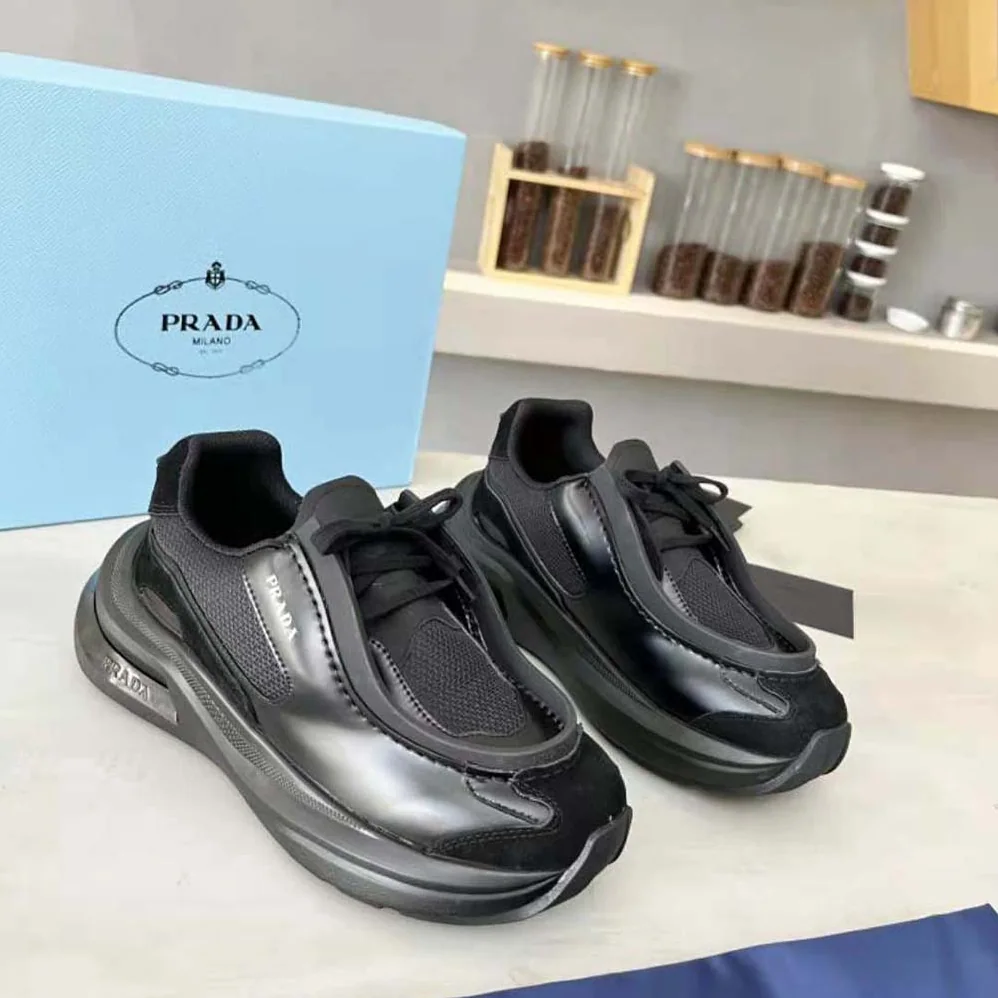 Prada Brushed Leather Sneakers with Bike Fabric and Suede Elements for Men in Black Prada Brushed Leather Sneakers with Bike Fabric and Suede Elements for Men in Black