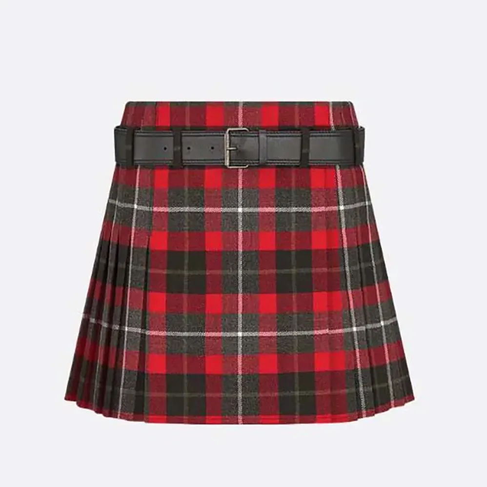 Dior Belted Short Kilt Red Gray and Black Check'n'Dior Virgin Wool for Women