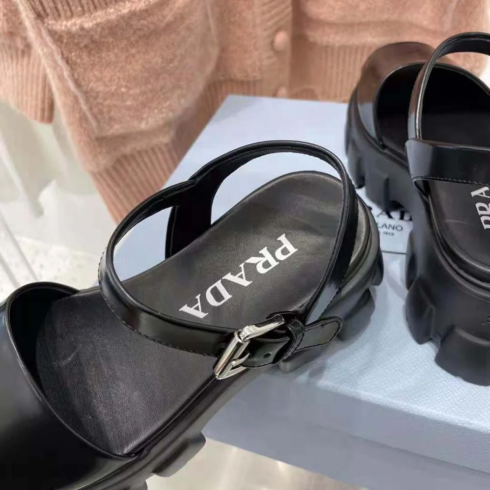 Prada Monolith Brushed Leather Sandals in 55mm Heel for Women in Black