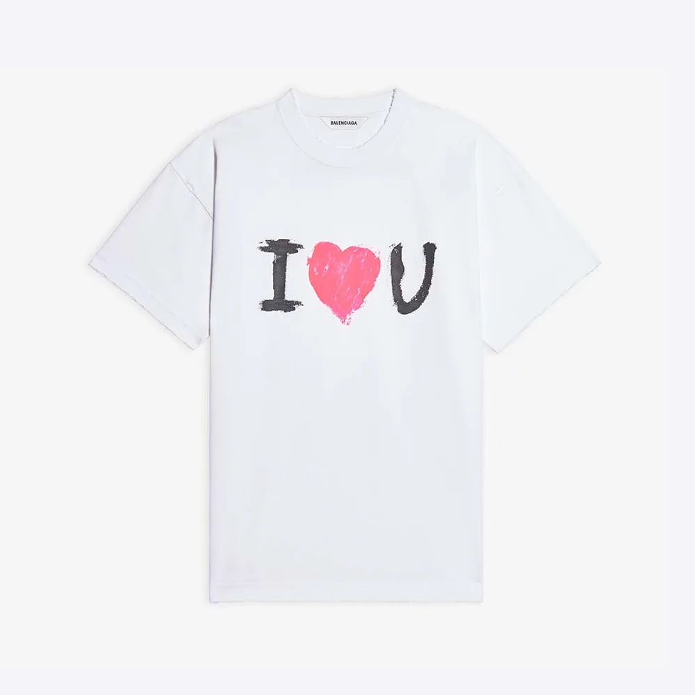 Balenciaga I Love U Medium Fit T-shirt in White Vintage Jersey for Men Balenciaga I Love U Medium Fit T-shirt in White Vintage Jersey for Men