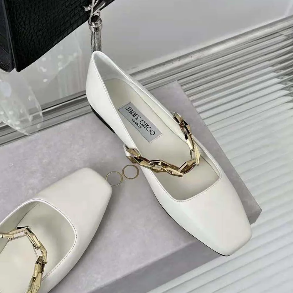 Jimmy Choo Diamond Tilda Flat Black Nappa Leather Flats with Chain for Women in White