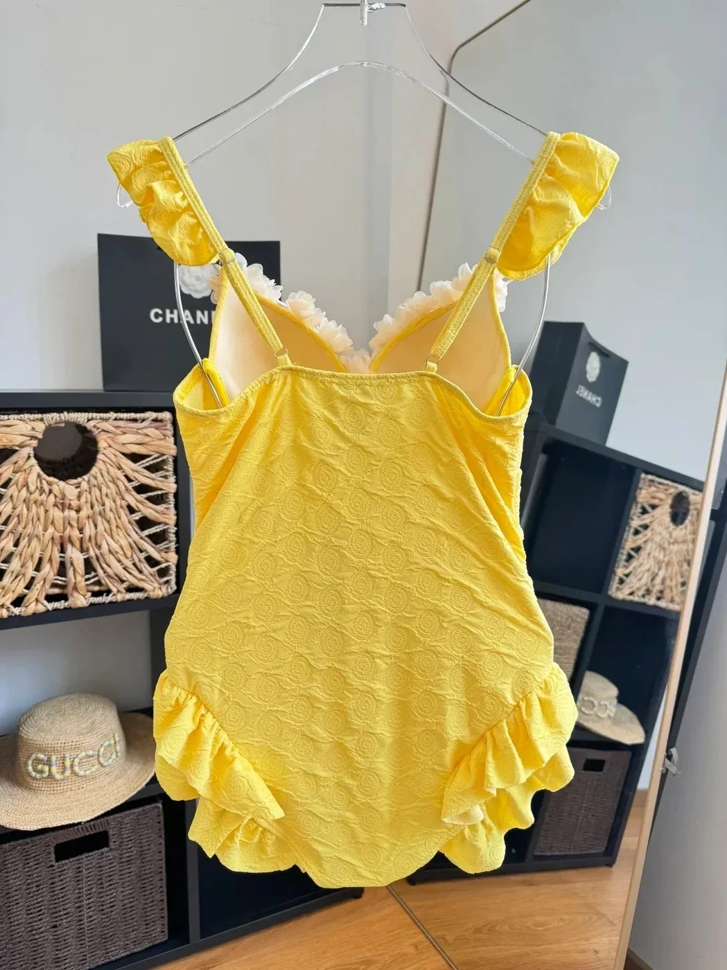 Chanel Vintage Floral Ruffled One in Piece Swimsuit Yellow
