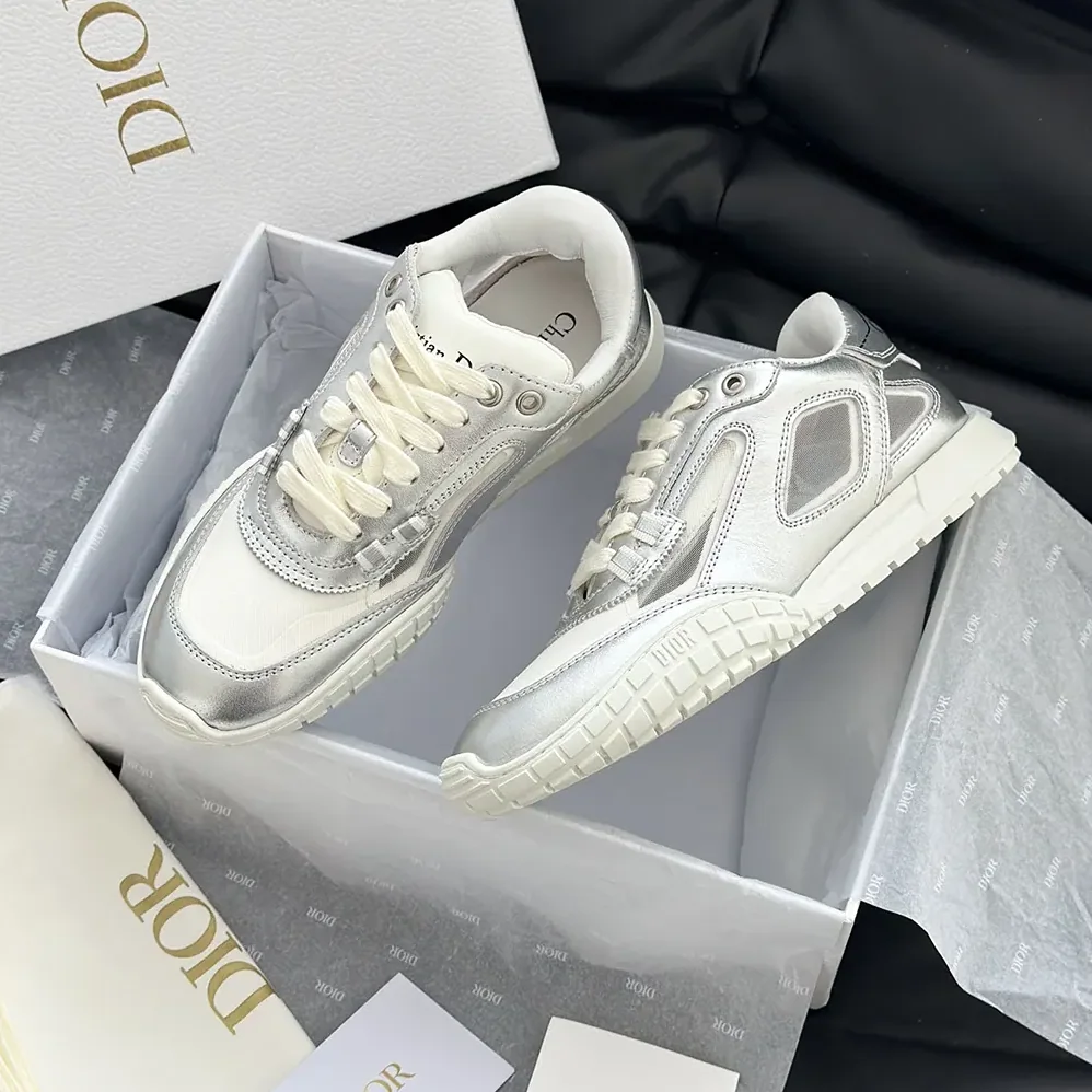 Dior Tech Sneaker Silver-Tone Laminated Grained Calfskin and Transparent Mesh for Unisex