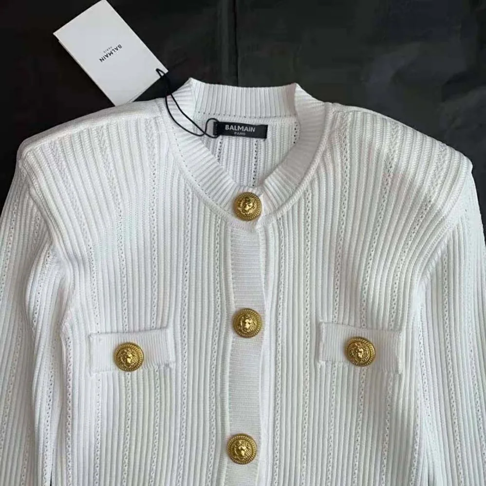 Balmain Knit Cardigan with Gold Buttons for Women in White