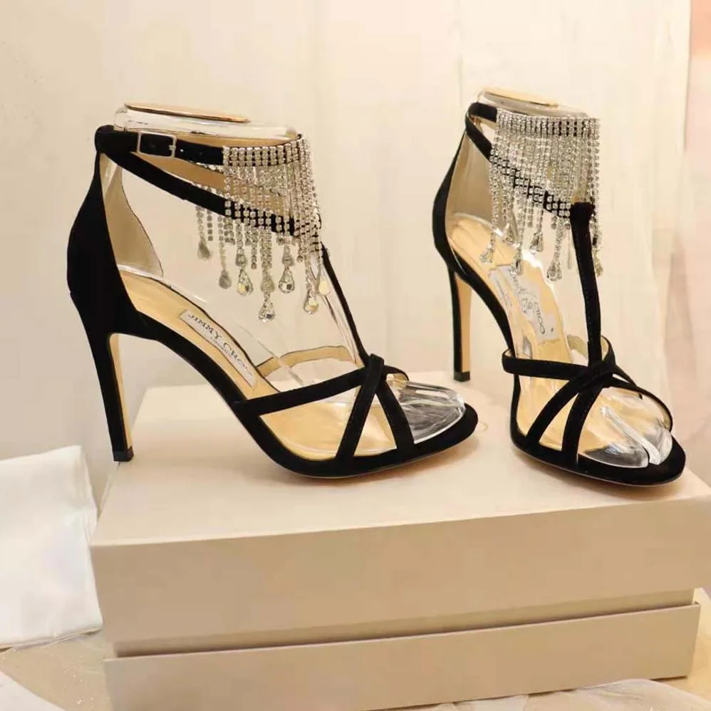 Jimmy Choo Bijou 100 Black Suede Sandals with Crystal Drape for Women