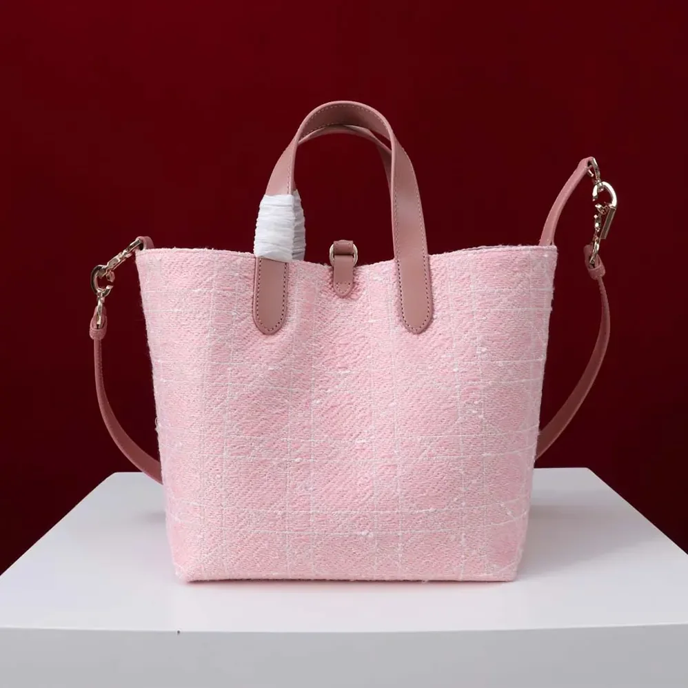 Dior Medium Dior Toujours Vertical Tote Bag Pink Tweed with White Cannage Motif for Women