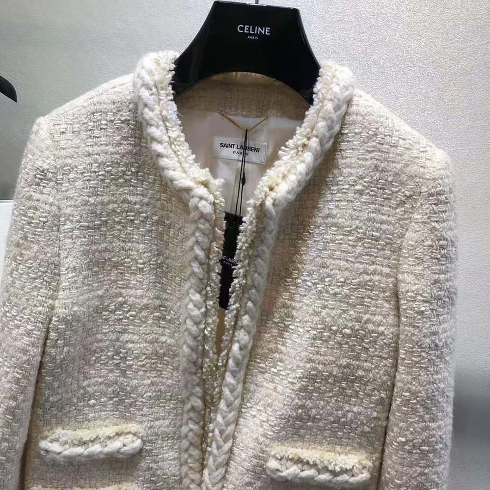 Saint Laurent YSL Short Jacket in Check Wool and Silk Tweed for Women Saint Laurent YSL Short Jacket in Check Wool and Silk Tweed for Women
