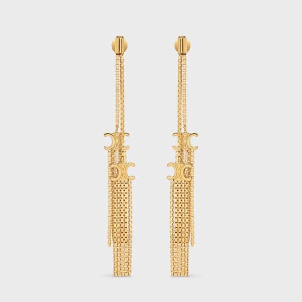 Celine Triomphe Folk Pompon Earrings in Brass with Gold Finish for Women