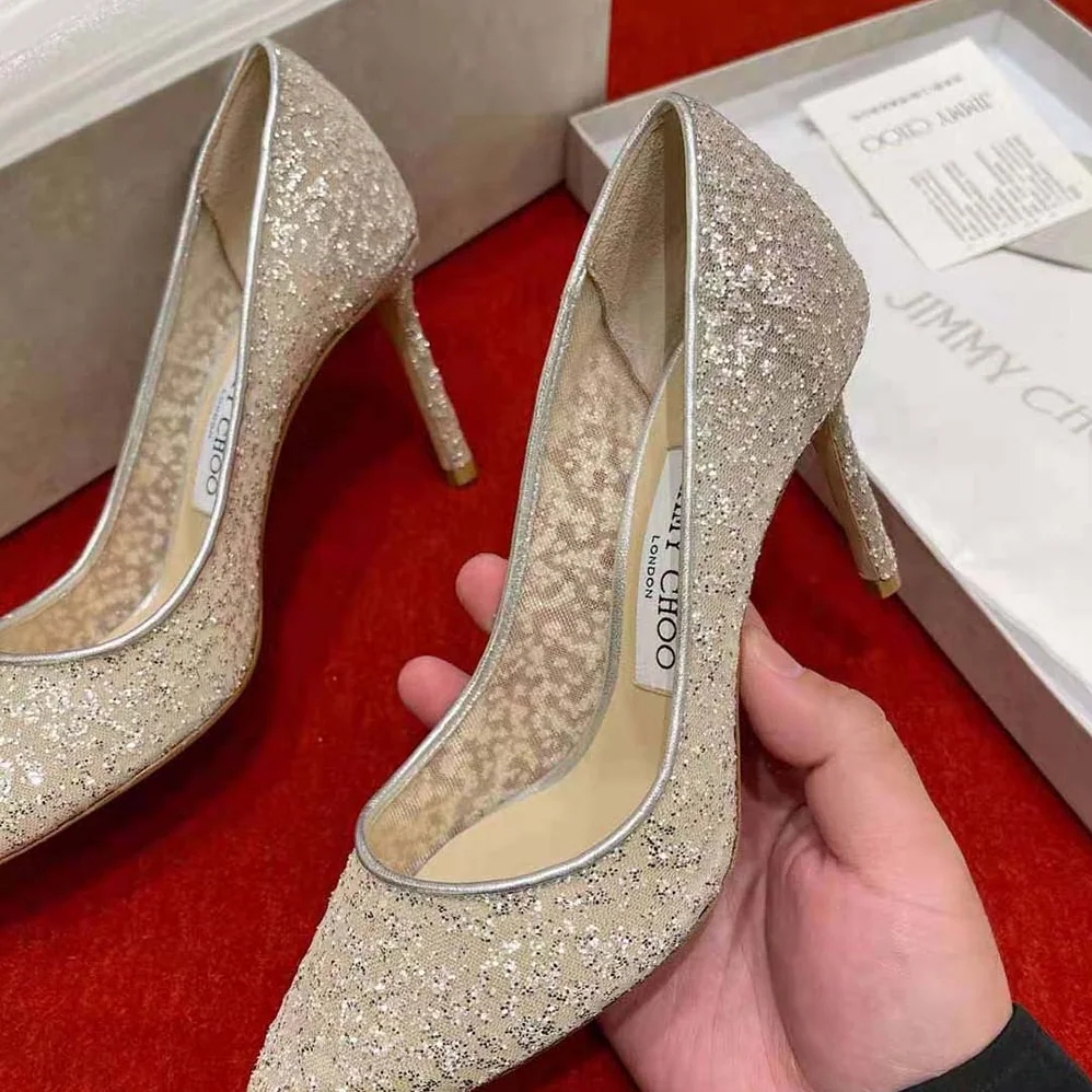 Jimmy Choo Romy 85 Silver Glitter Tulle and Metallic Nappa Pointy for Women in Toe Pumps