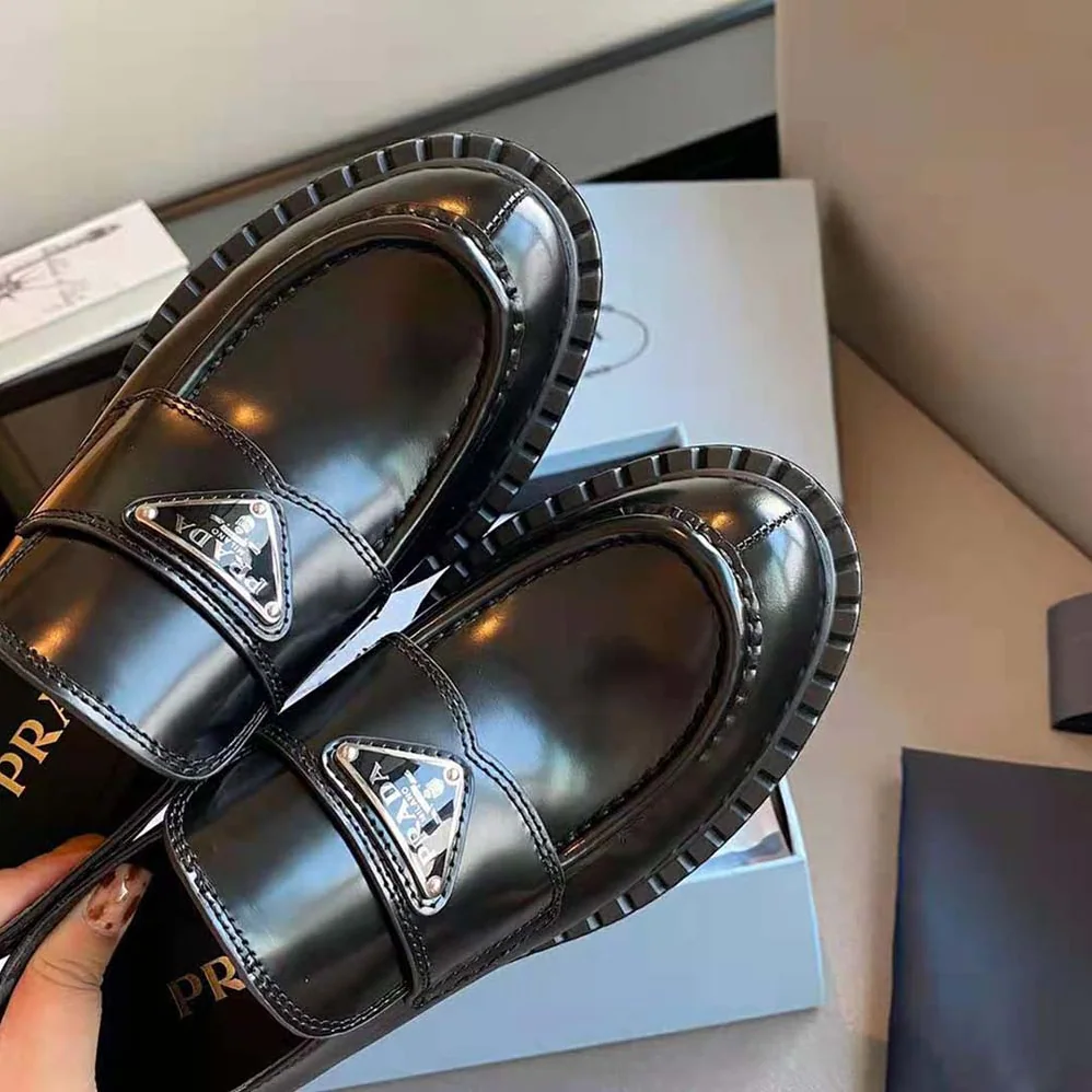 Prada Brushed Leather Loafers for Women in Black