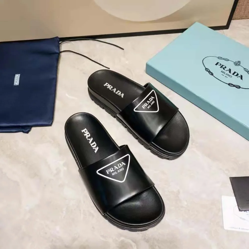 Prada Leather Slides in 20mm Heel for Women in Black Prada Leather Slides in 20mm Heel for Women in Black