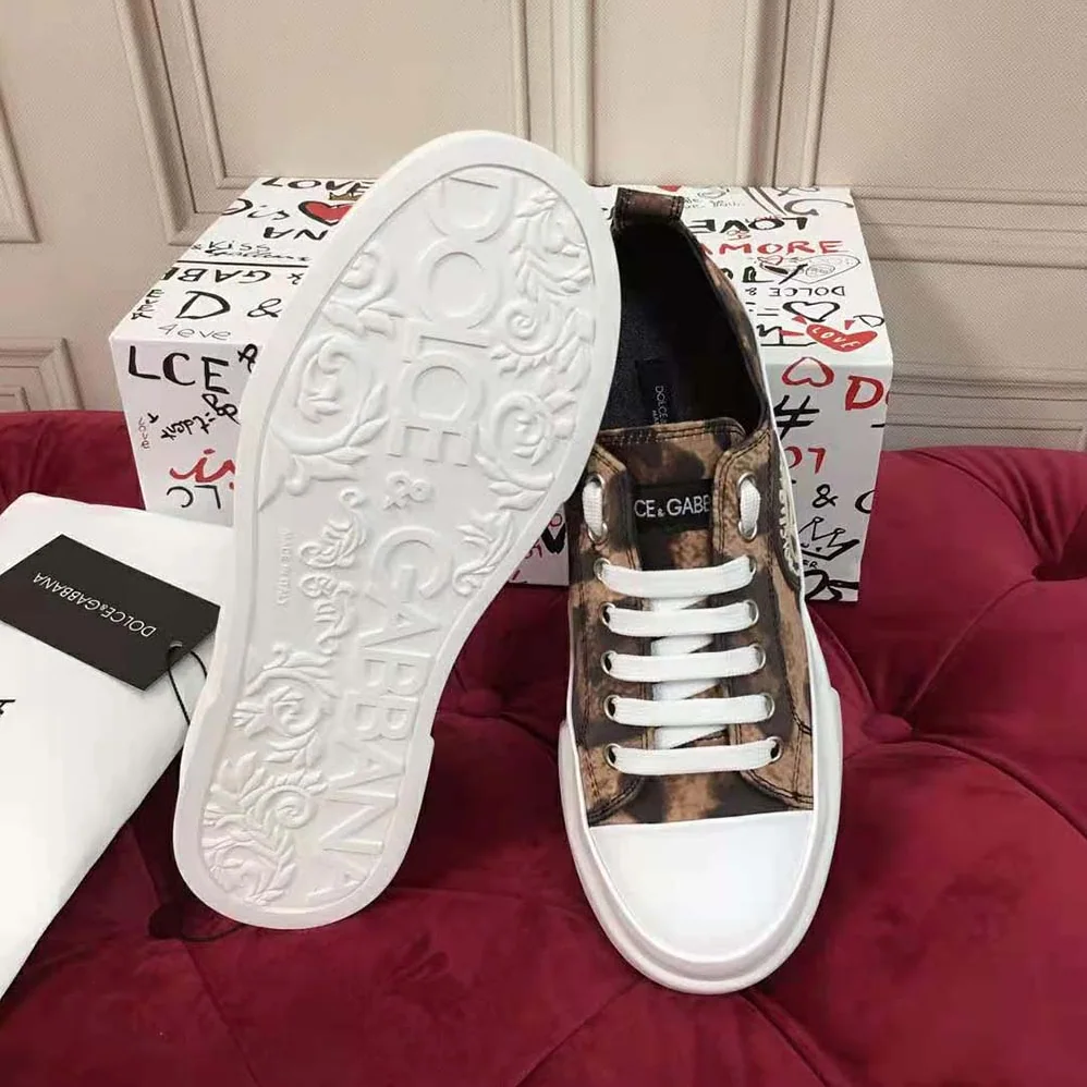 Dolce Gabbana D&G Cotton Drill Portofino Light Sneakers with Leopard Print and DG Logo for Women