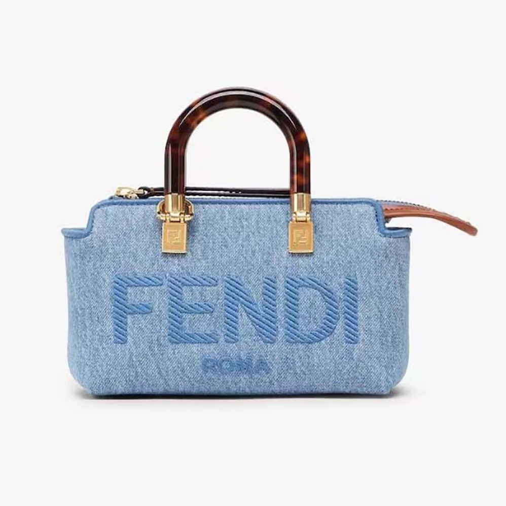 Fendi By The Way Mini Light Blue Denim Small Boston Bag for Women