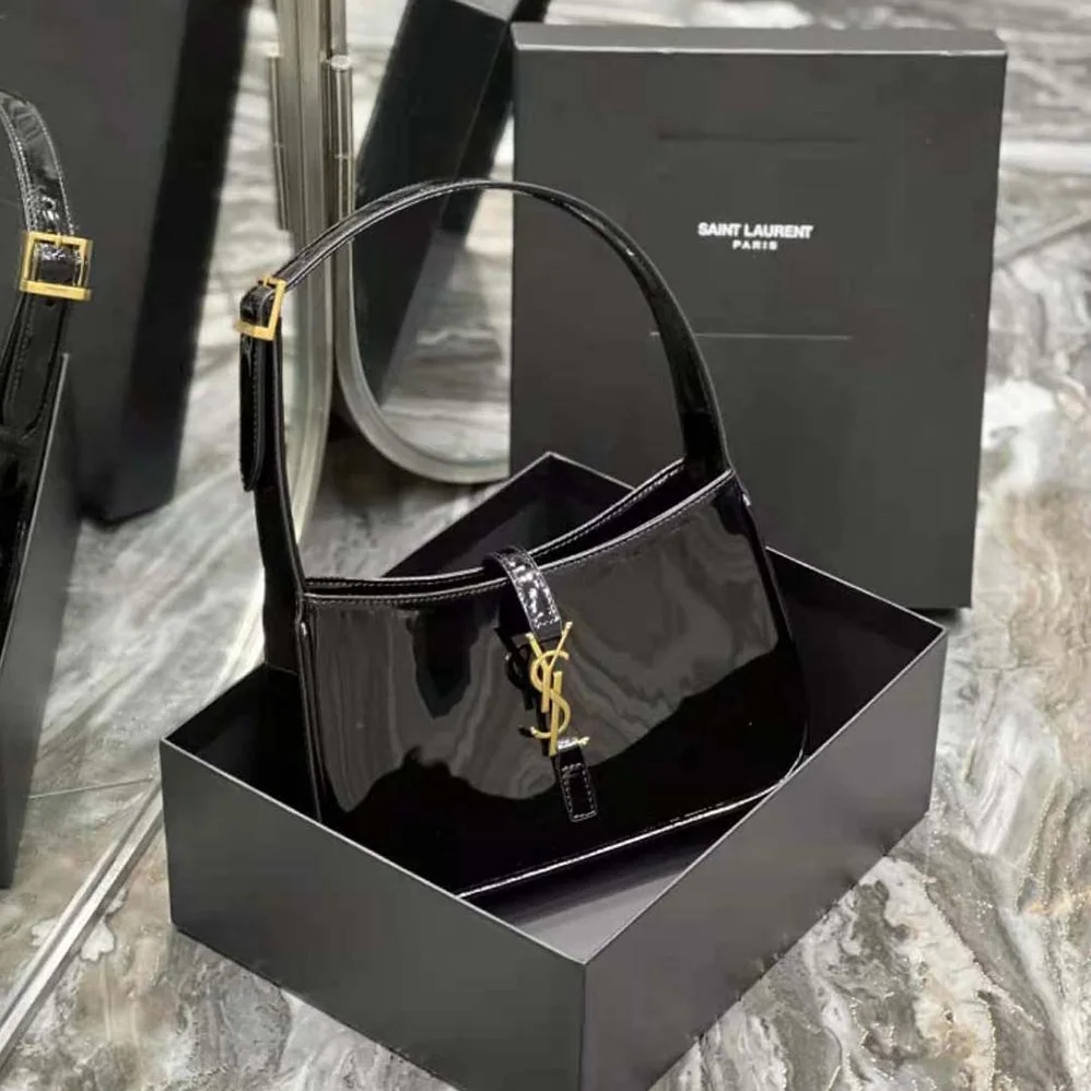 Saint Laurent YSL Le 5 A 7 Hobo Bag in Patent Leather for Women in Black Saint Laurent YSL Le 5 A 7 Hobo Bag in Patent Leather for Women in Black