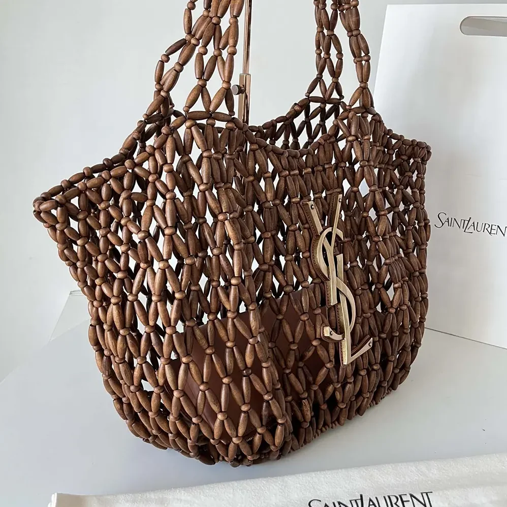 Saint Laurent YSL Icare Medium In Wood Beads Dark Brown for Women Saint Laurent YSL Icare Medium In Wood Beads Dark Brown for Women