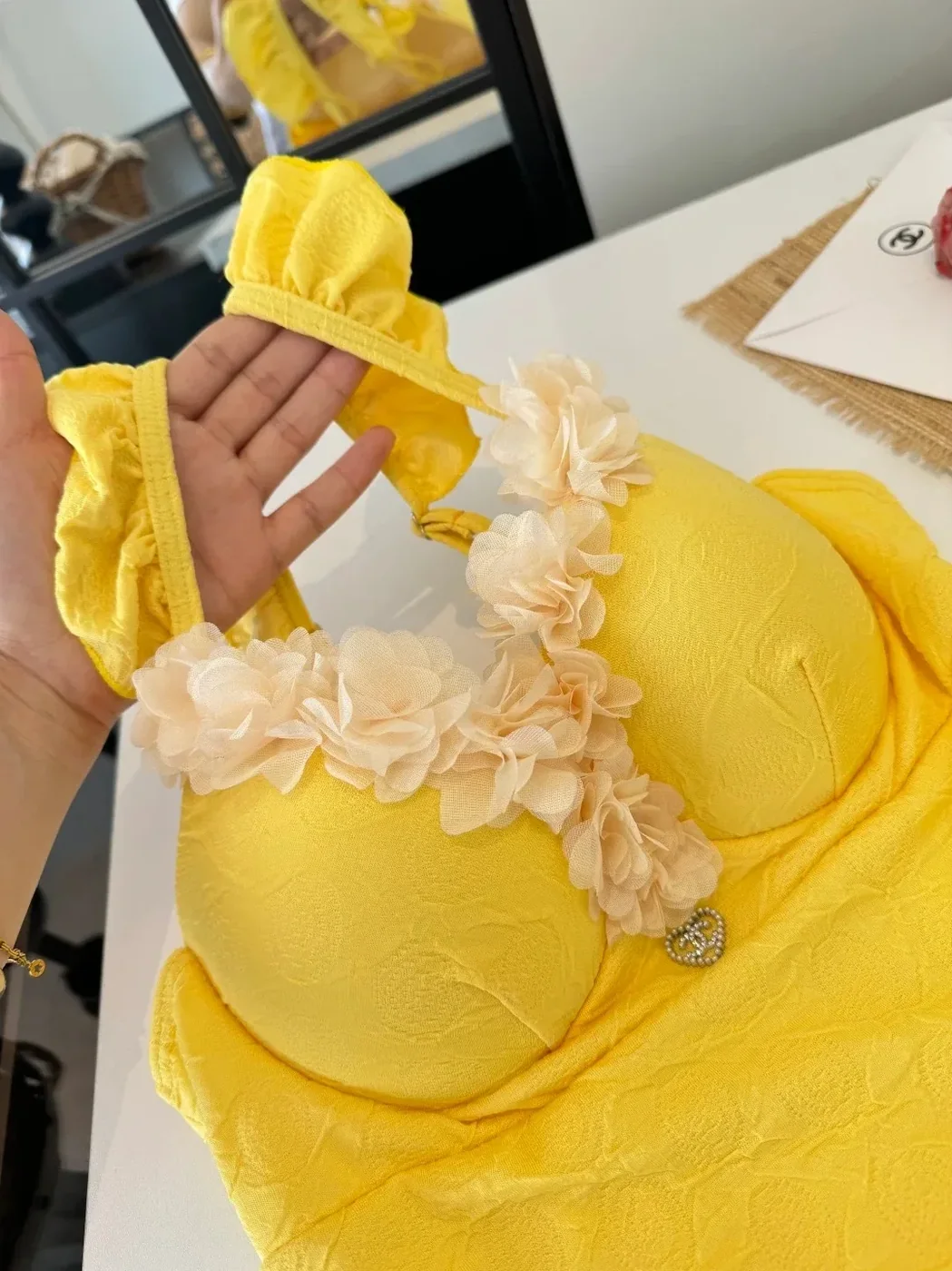 Chanel Vintage Floral Ruffled One in Piece Swimsuit Yellow