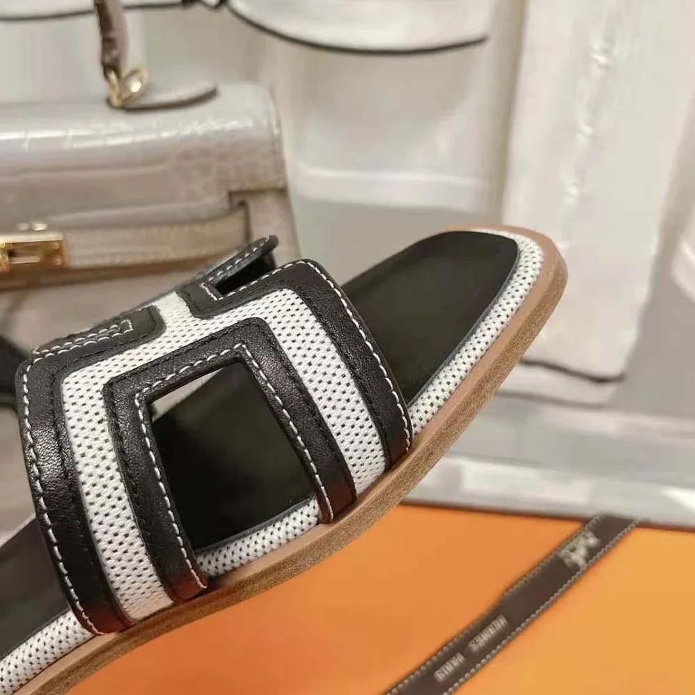 Hermes Oran Sandal in Calfskin and H Canvas with Iconic H Cut-Out for Women in Black