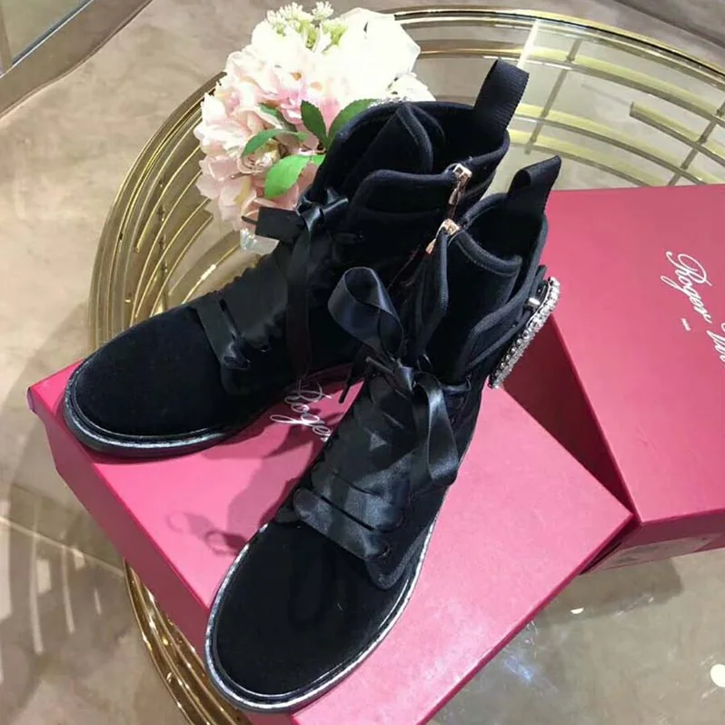Roger Vivier Shoes Viv' Rangers Strass Buckle Fabric Ankle Boots for Women in Black
