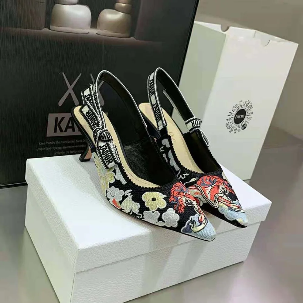 Dior J'adior Slingback Pump Black Multicolor Embroidered Cotton with Toile de Jouy Pop Motif for Women