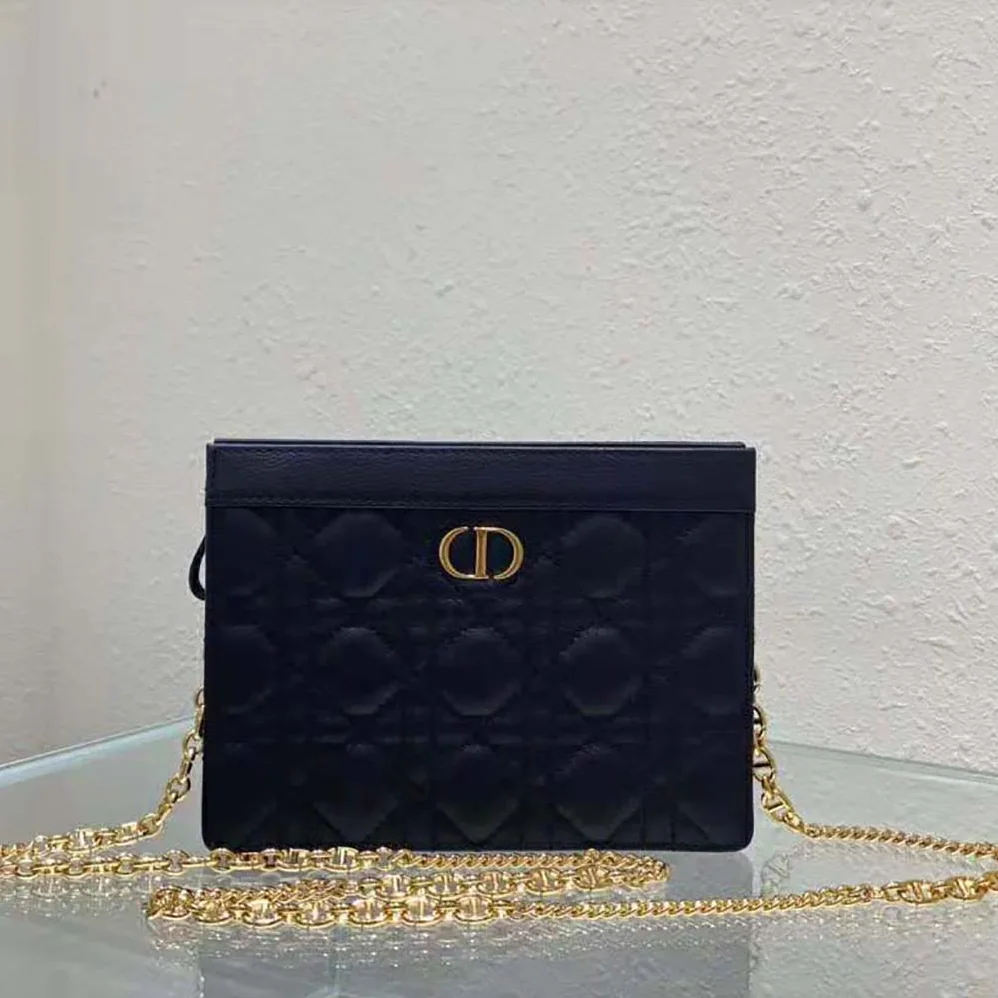 Dior Caro Zipped Pouch with Chain Black Supple Cannage Calfskin for Women