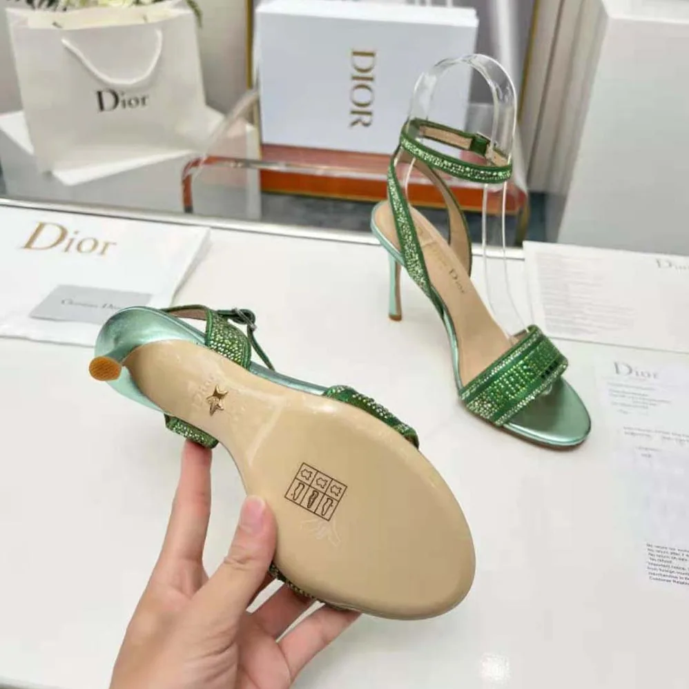 Dior Dway Heeled Slide Green Cotton Embroidered with Metallic Thread and Strass for Women Dior Dway Heeled Slide Green Cotton Embroidered with Metallic Thread and Strass for Women