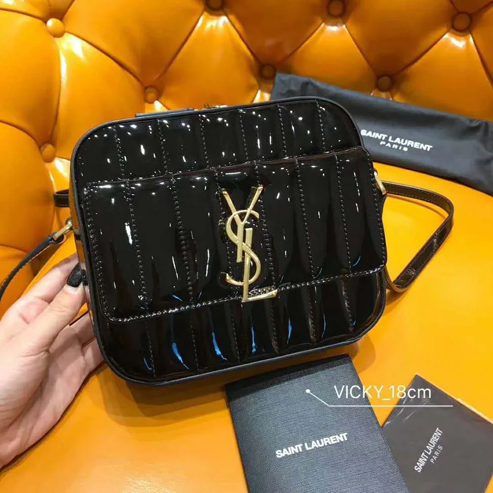 Saint Laurent YSL Vicky Camera Bag Quilted Patent for Women in Black