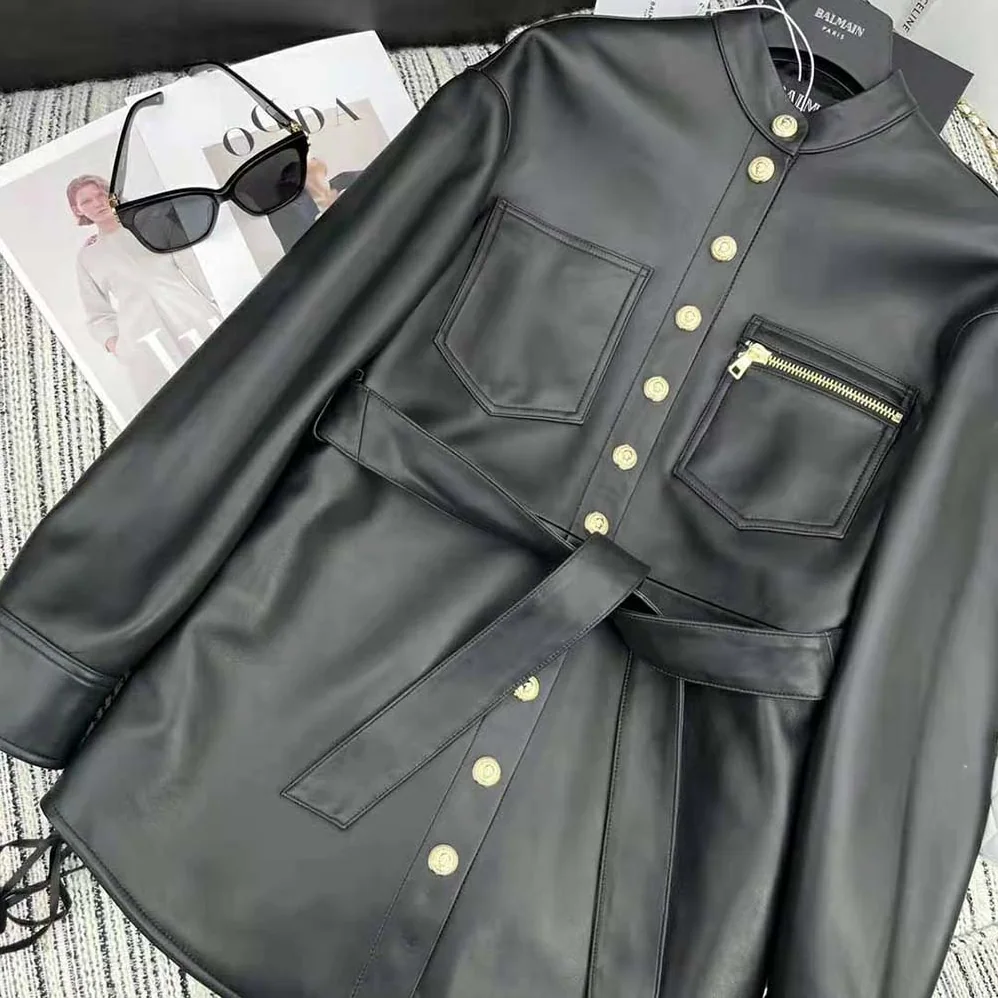 Balmain Leather Overshirt with Lace for Women in up Details