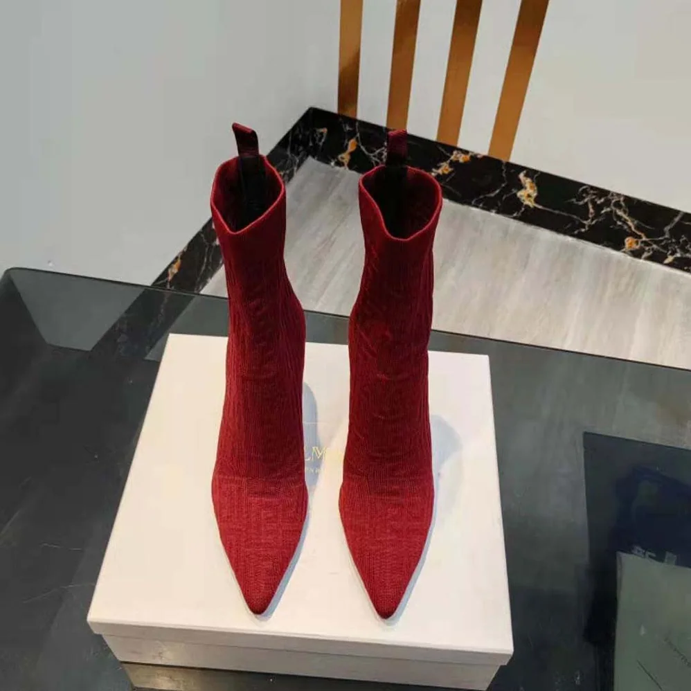 Balmain Moneta Monogrammed Knit Ankle Boots with Engraved Heel for Women in Red