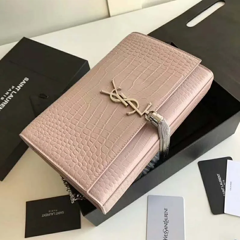Saint Laurent YSL Kate Small Tassel Embossed Crocodile Shiny for Women in Pink