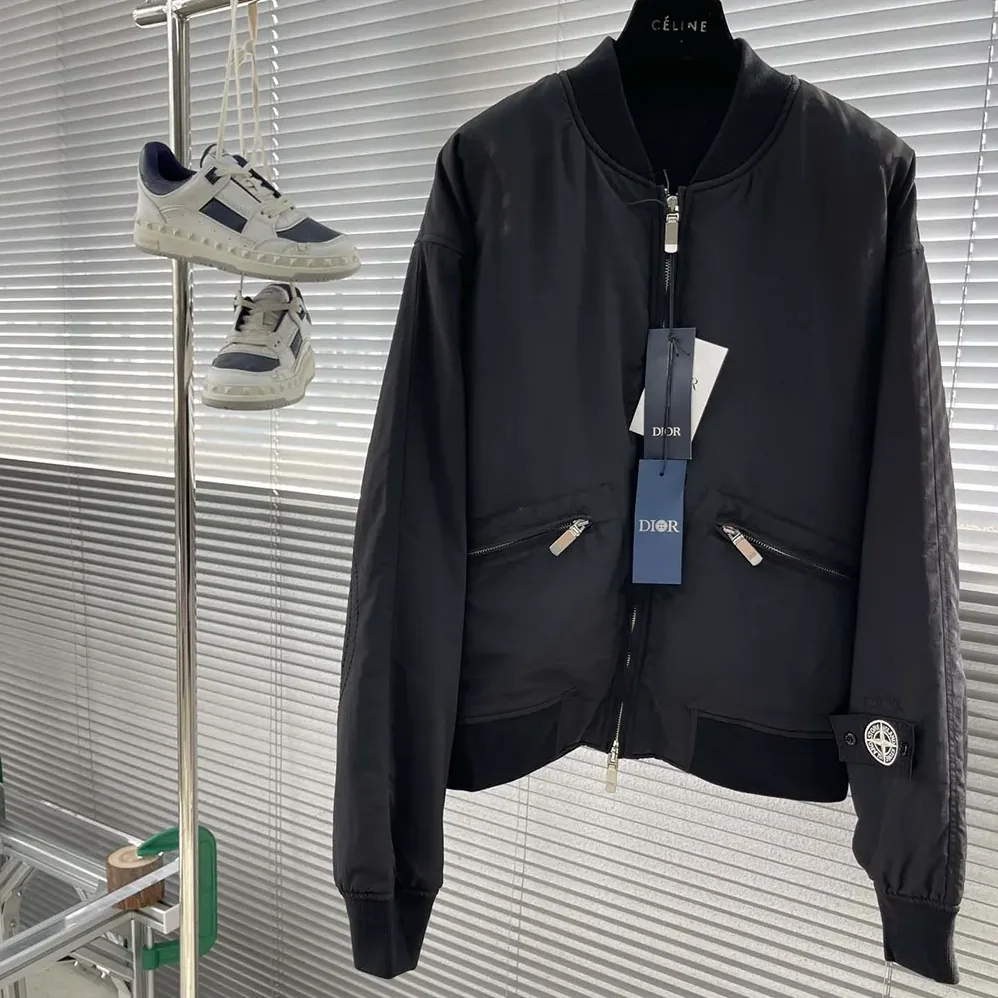Dior DIOR AND STONE ISLAND Bomber Jacket Black Habotai Silk Blend for Men